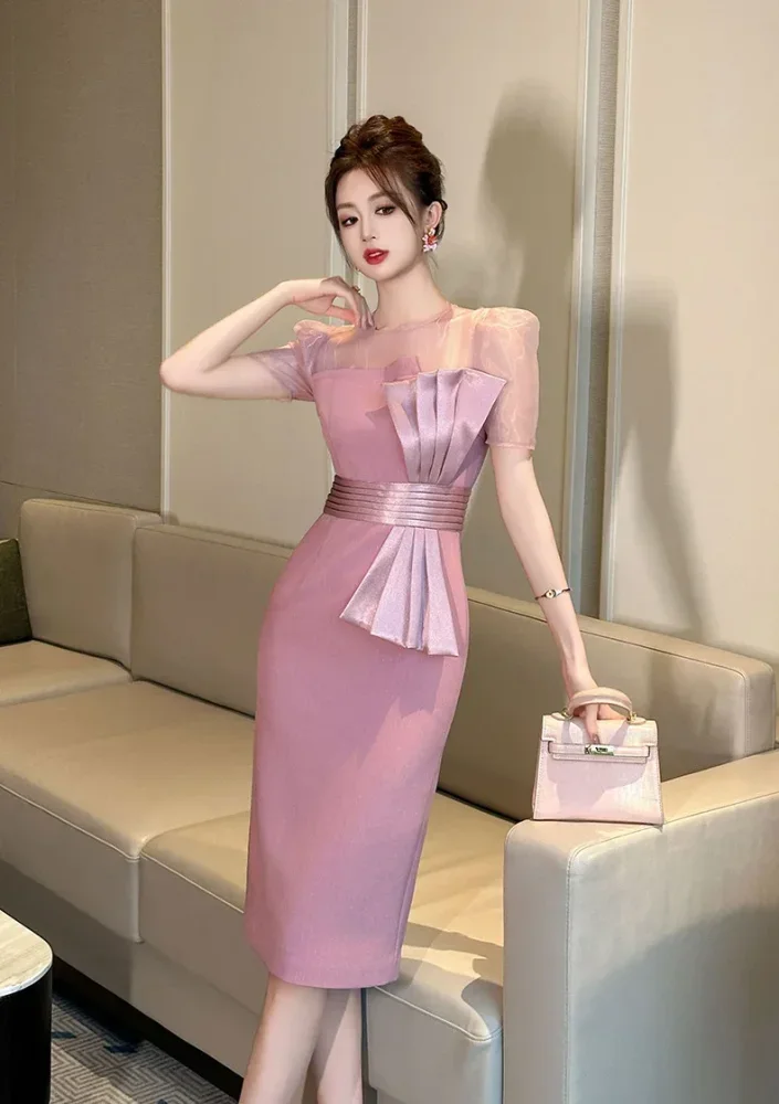 CHICMORE Gaun wanita elegan desain mewah berpita bodycon