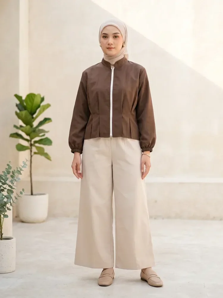 ASAYA Kemeja lengan panjang wanita model ritsleting, desain simpel, detail kerut mewah, dipadukan dengan celana panjang polos dari set yang sama