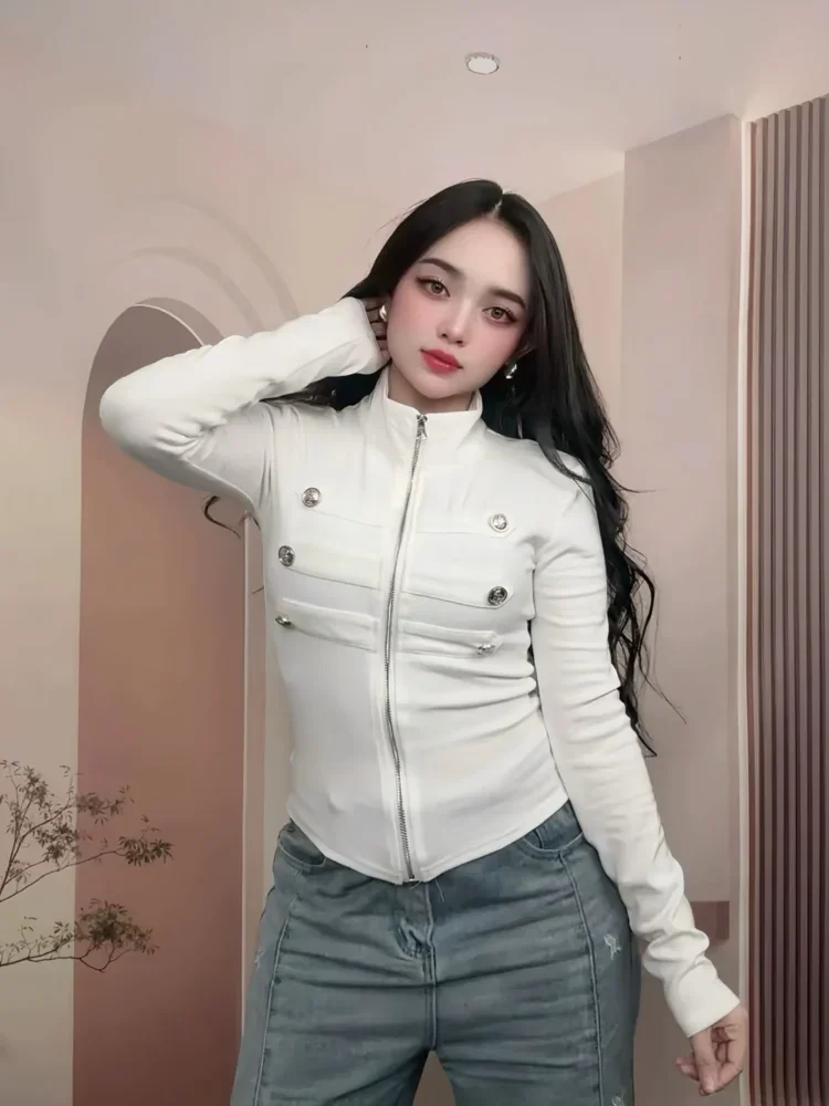 FADFAD Atasan kemeja lengan panjang berkerah tegak model retro untuk wanita