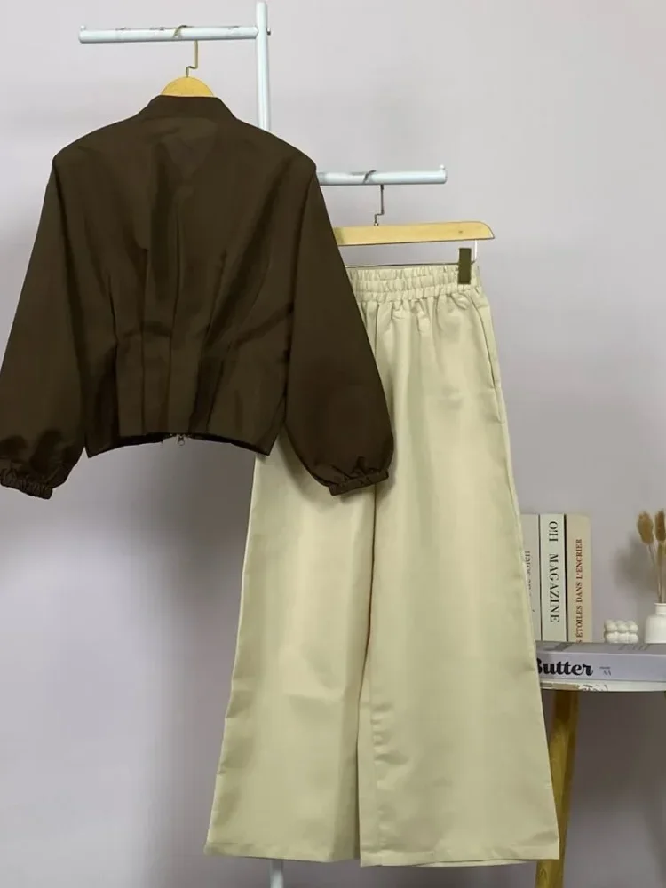 ASAYA Kemeja lengan panjang wanita model ritsleting, desain simpel, detail kerut mewah, dipadukan dengan celana panjang polos dari set yang sama