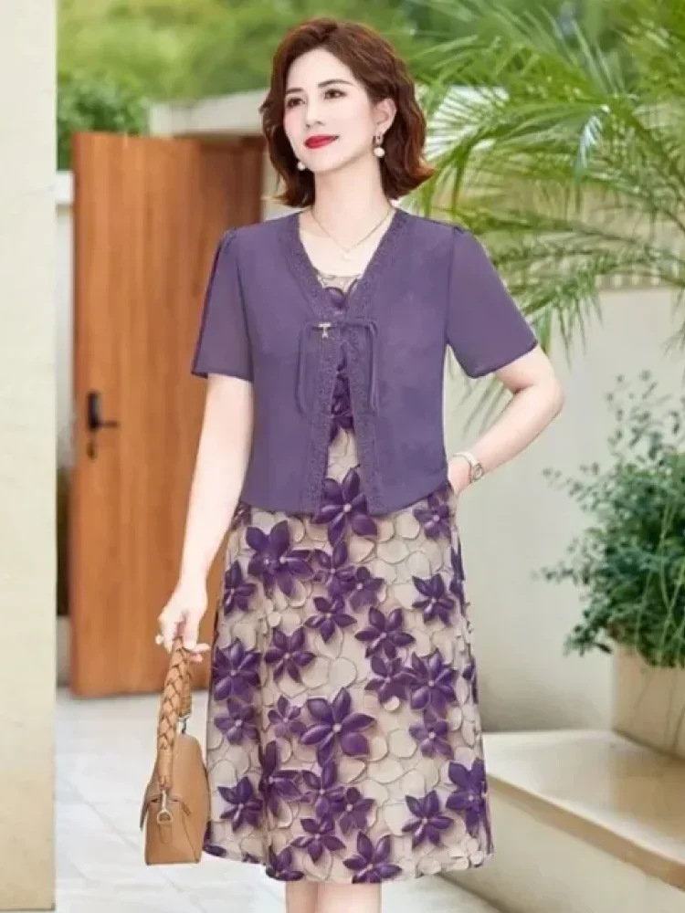 FADFAD Gaun pakaian wanita warna kontras motif cetak gaya retro