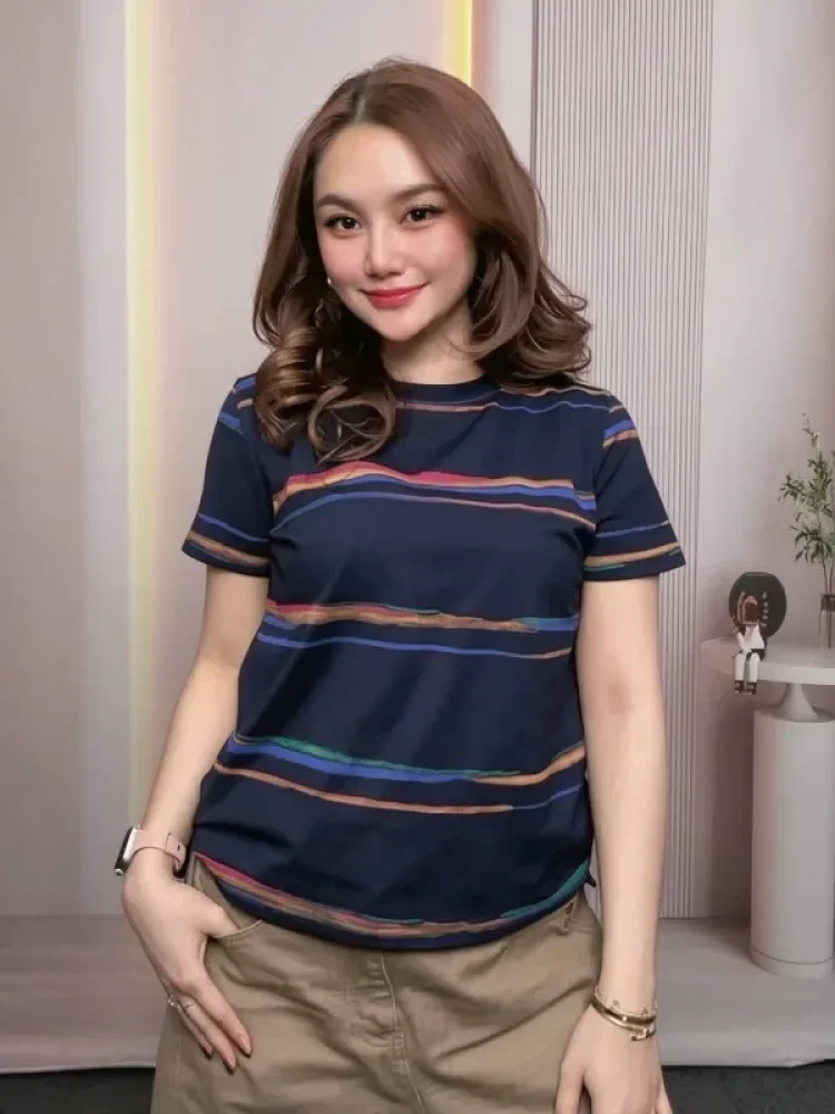 ASAYA Atasan t-shirt lengan pendek dengan kerah bulat bergaya kasual, lembut, tipis, dan bermotif