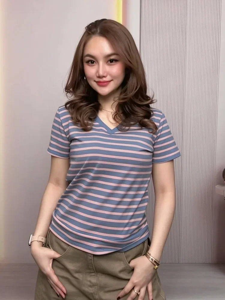ASAYA Atasan kaos katun lengan pendek garis garis gaya baru musim panas untuk wanita