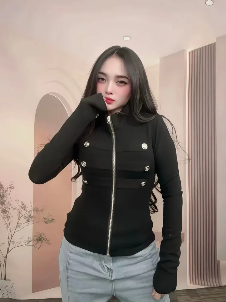 FADFAD Atasan kemeja lengan panjang berkerah tegak model retro untuk wanita