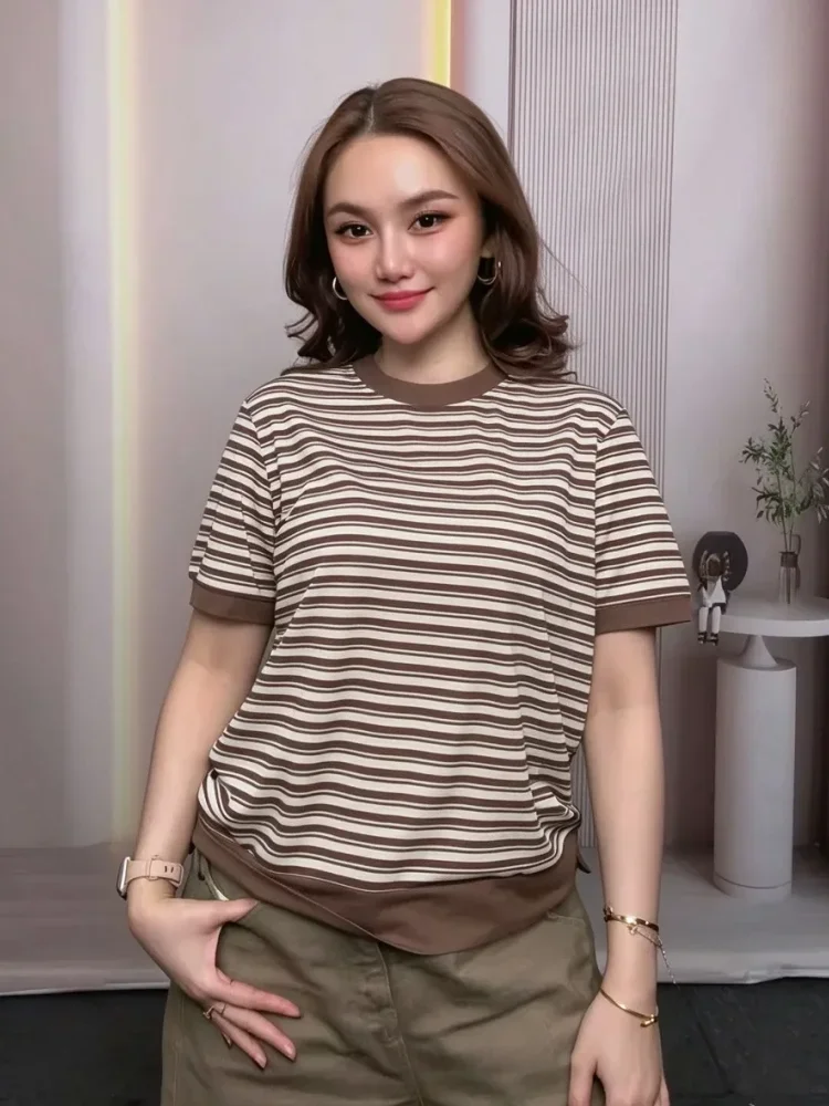 ASAYA Atasan kemeja lengan pendek garis garis manir untuk wanita