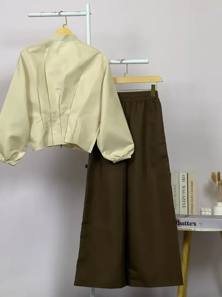 ASAYA Kemeja lengan panjang wanita model ritsleting, desain simpel, detail kerut mewah, dipadukan dengan celana panjang polos dari set yang sama
