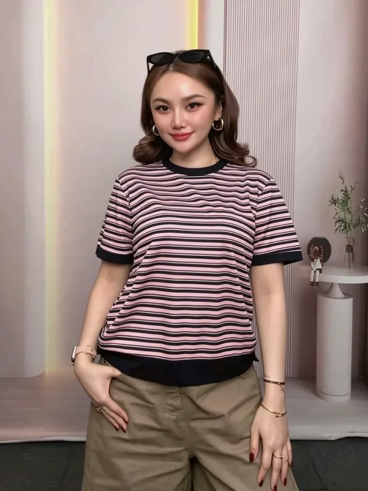 ASAYA Atasan kemeja lengan pendek garis garis manir untuk wanita