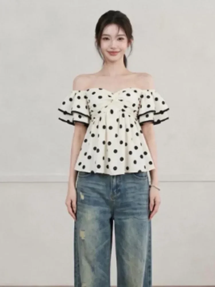 CHICMORE Atasan wanita blouse lengan pendek model off shoulder motif polkadot