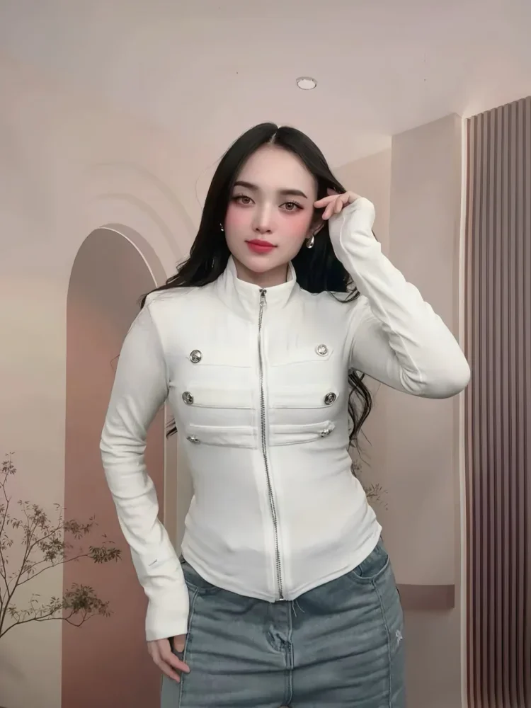 FADFAD Atasan kemeja lengan panjang berkerah tegak model retro untuk wanita
