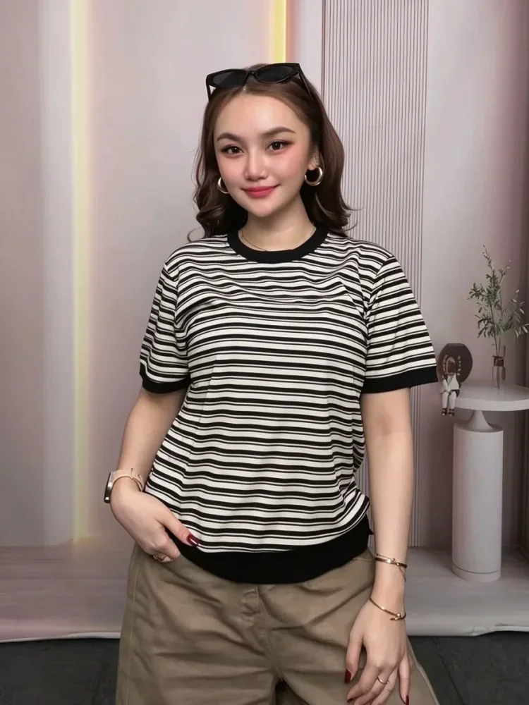 ASAYA Atasan kemeja lengan pendek garis garis manir untuk wanita