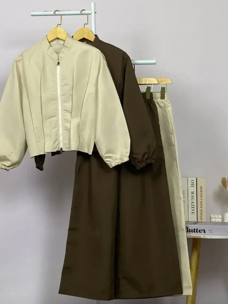 ASAYA Kemeja lengan panjang wanita model ritsleting, desain simpel, detail kerut mewah, dipadukan dengan celana panjang polos dari set yang sama