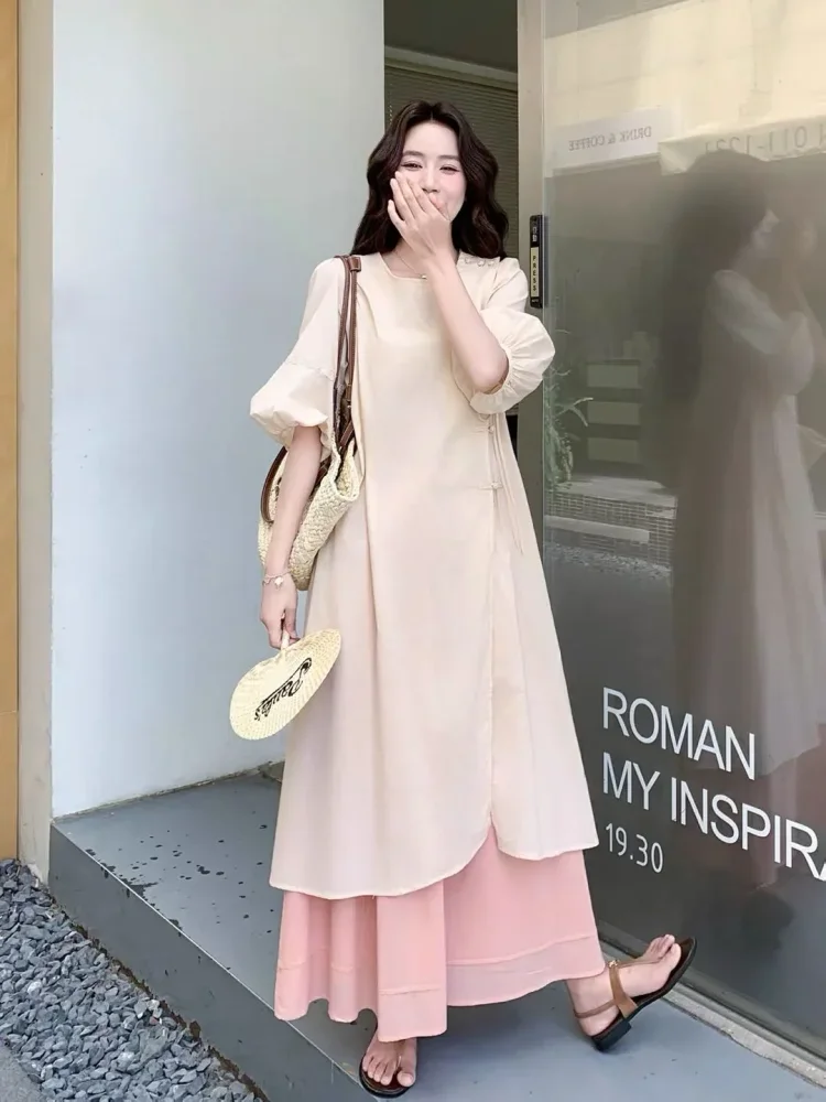 CHICMORE Setelan wanita kasual vintage blouse desain cheongsam + rok panjang