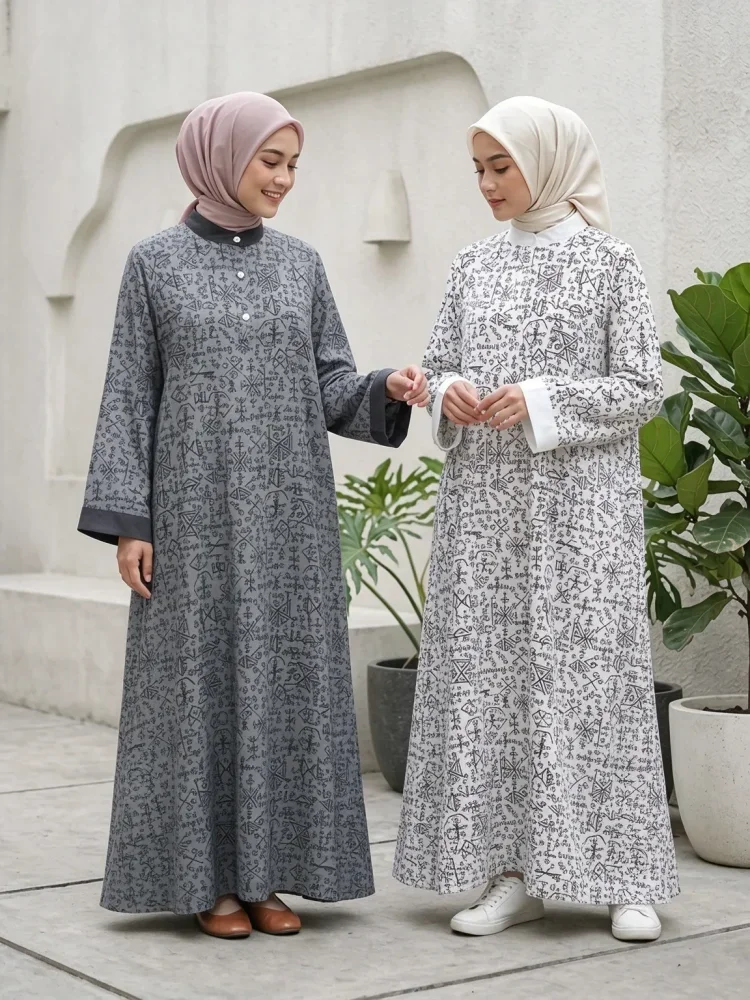 ASAYA Gamis wanita elegan motif garis kotak biru abu modern kekinian