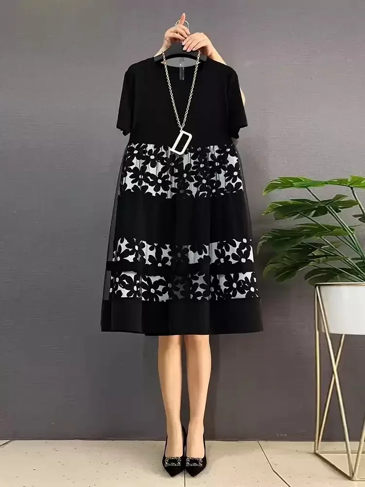 FADFAD Gaun midi patchwork lengan pendek dengan kerah bulat gaya korea
