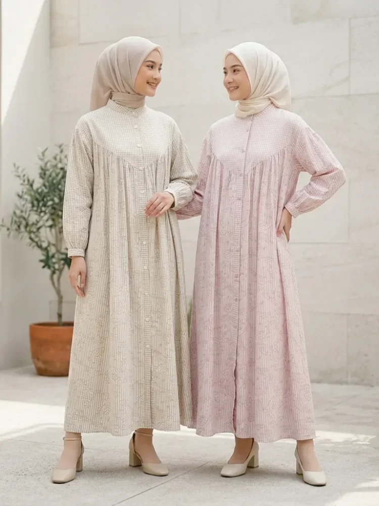 ASAYA Gaun elegan dengan motif posisi mode lengan panjang