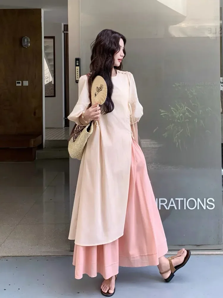CHICMORE Setelan wanita kasual vintage blouse desain cheongsam + rok panjang