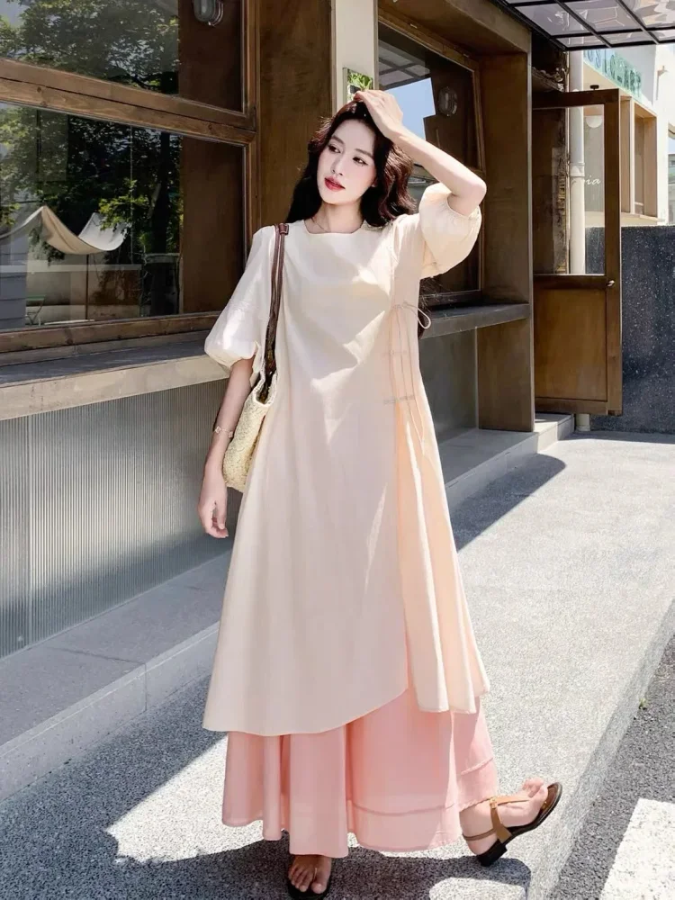 CHICMORE Setelan wanita kasual vintage blouse desain cheongsam + rok panjang