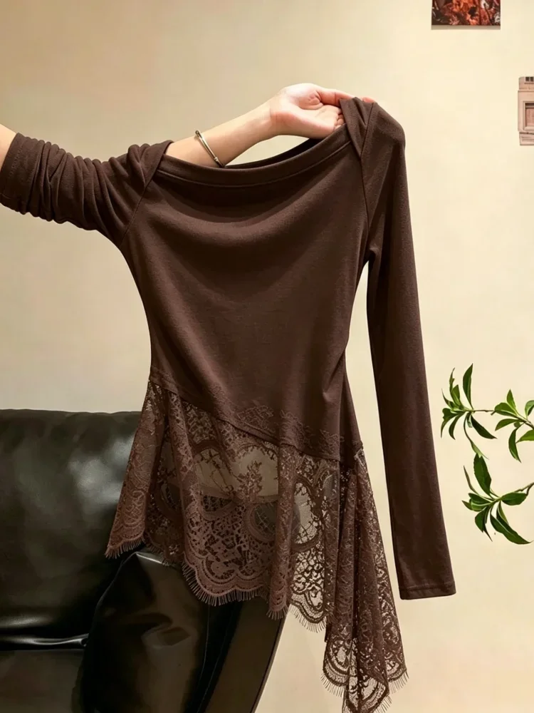 CHICMORE Atasan kaos putih lengan panjang bahu terbuka untuk wanita