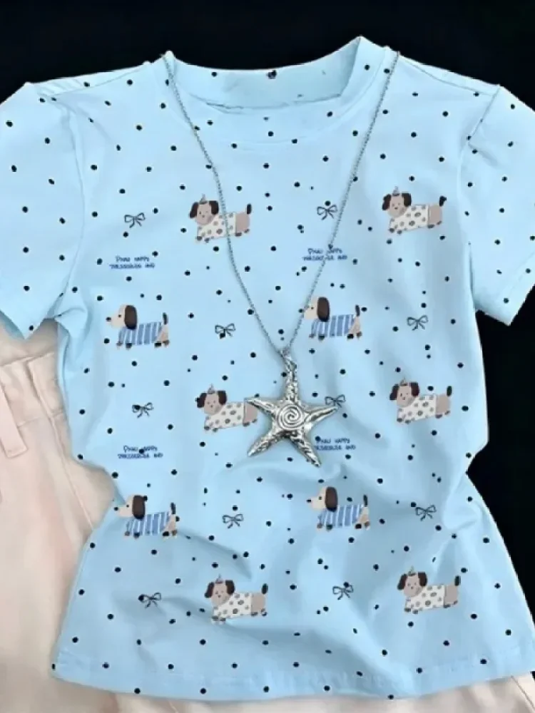 ASAYA Kaus wanita feminime motif cetak unik dengan kerah bulat dan lengan pendek gaya korean