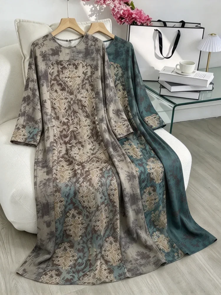 ASAYA Gaun berleher bulat dengan desain patchwork bermotif hijau,
