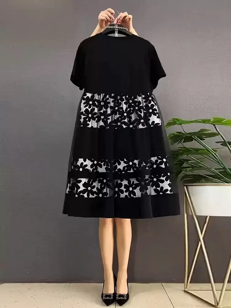 FADFAD Gaun midi patchwork lengan pendek dengan kerah bulat gaya korea