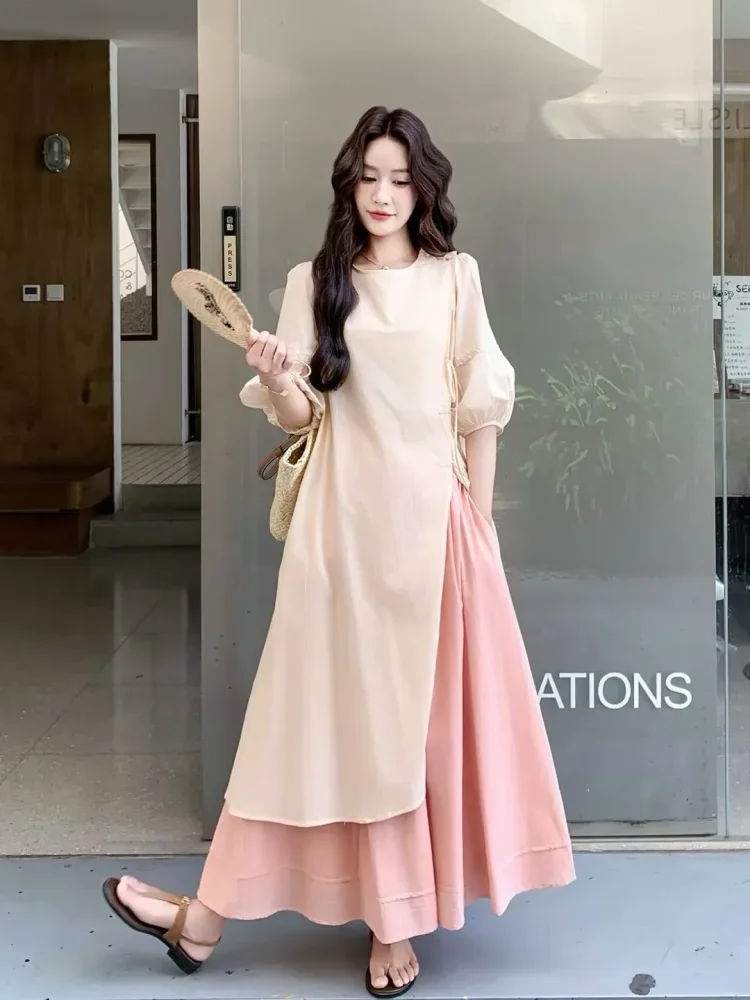CHICMORE Setelan wanita kasual vintage blouse desain cheongsam + rok panjang