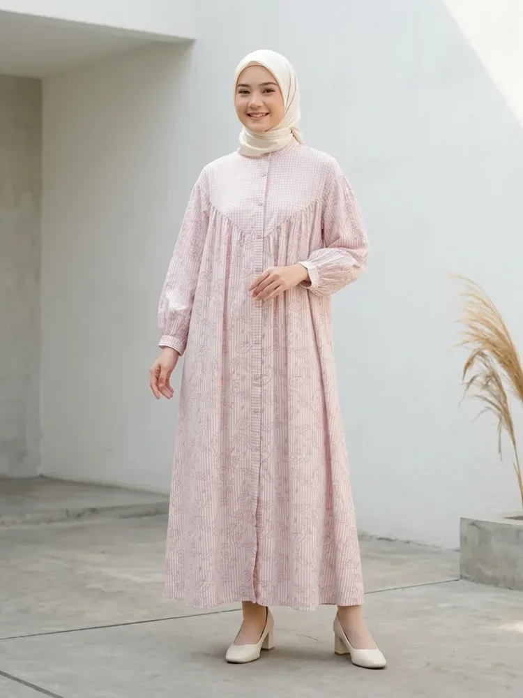 ASAYA Gaun elegan dengan motif posisi mode lengan panjang