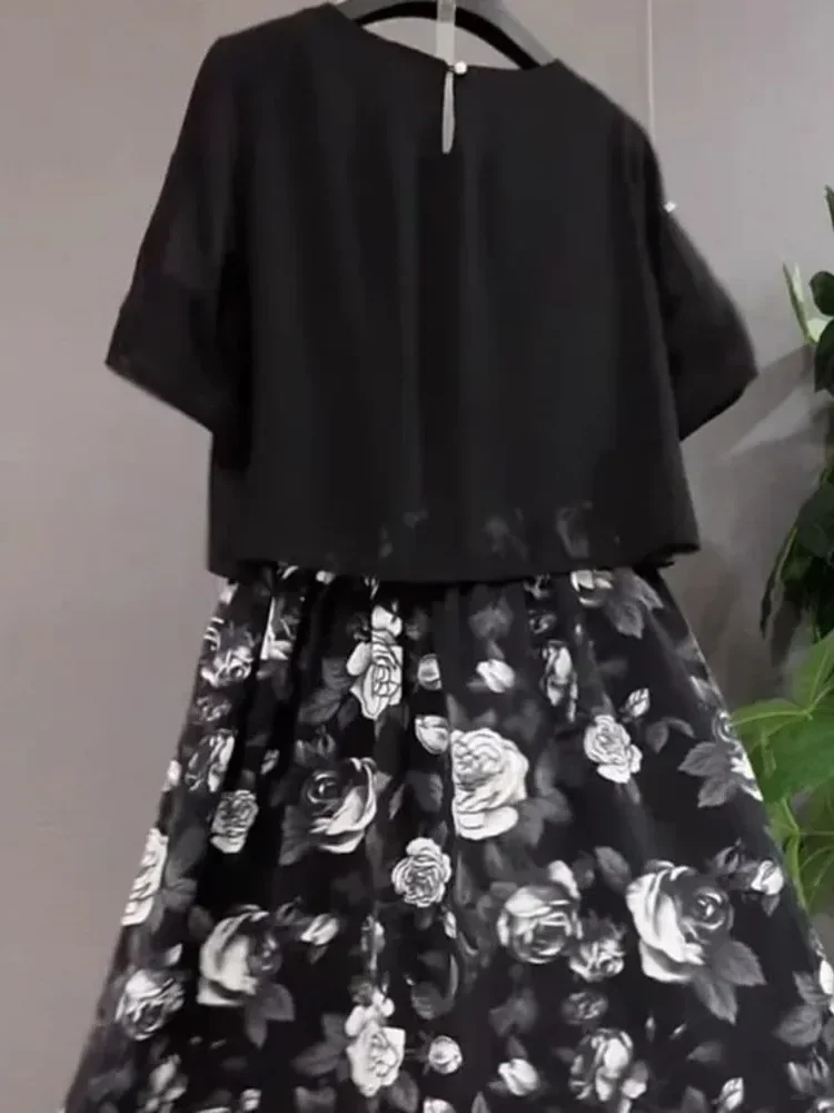 FADFAD Gaun midi wanita feminime dengan motif floral warna hitam