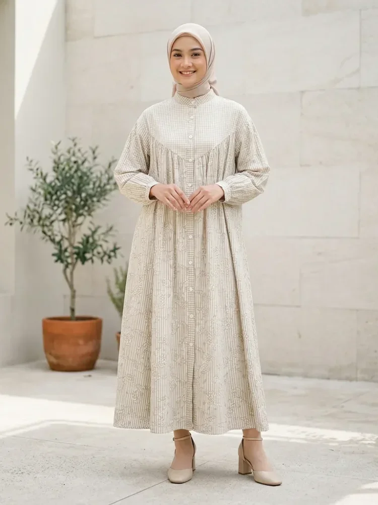 ASAYA Gaun elegan dengan motif posisi mode lengan panjang