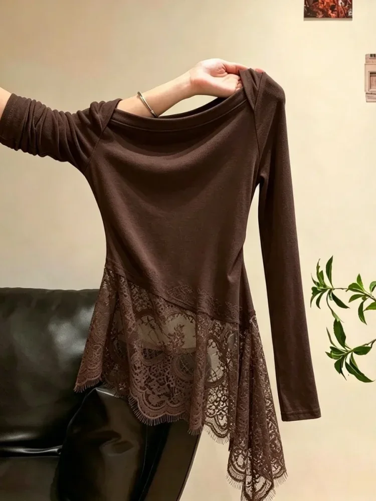 CHICMORE Atasan kaos putih lengan panjang bahu terbuka untuk wanita