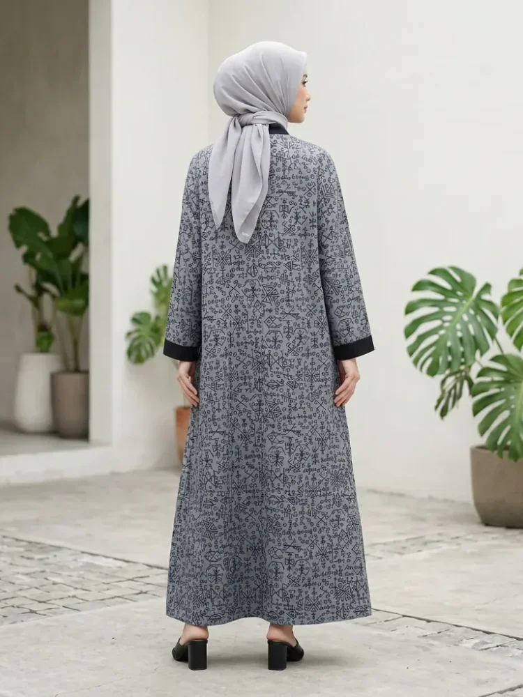 ASAYA Gamis wanita elegan motif garis kotak biru abu modern kekinian