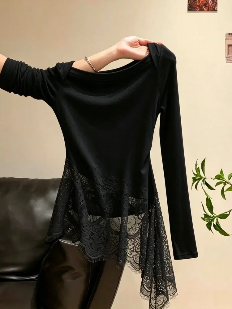CHICMORE Atasan kaos putih lengan panjang bahu terbuka untuk wanita