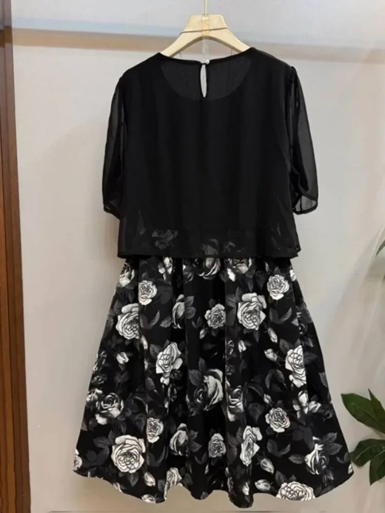FADFAD Gaun midi wanita feminime dengan motif floral warna hitam