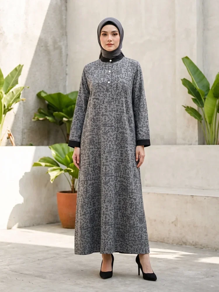 ASAYA Gamis wanita elegan motif garis kotak biru abu modern kekinian