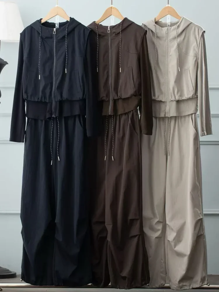 CHICMORE Setelan atasan wanita berkerah hooded zipper aktif dan celana panjang warna solid bergaya simple