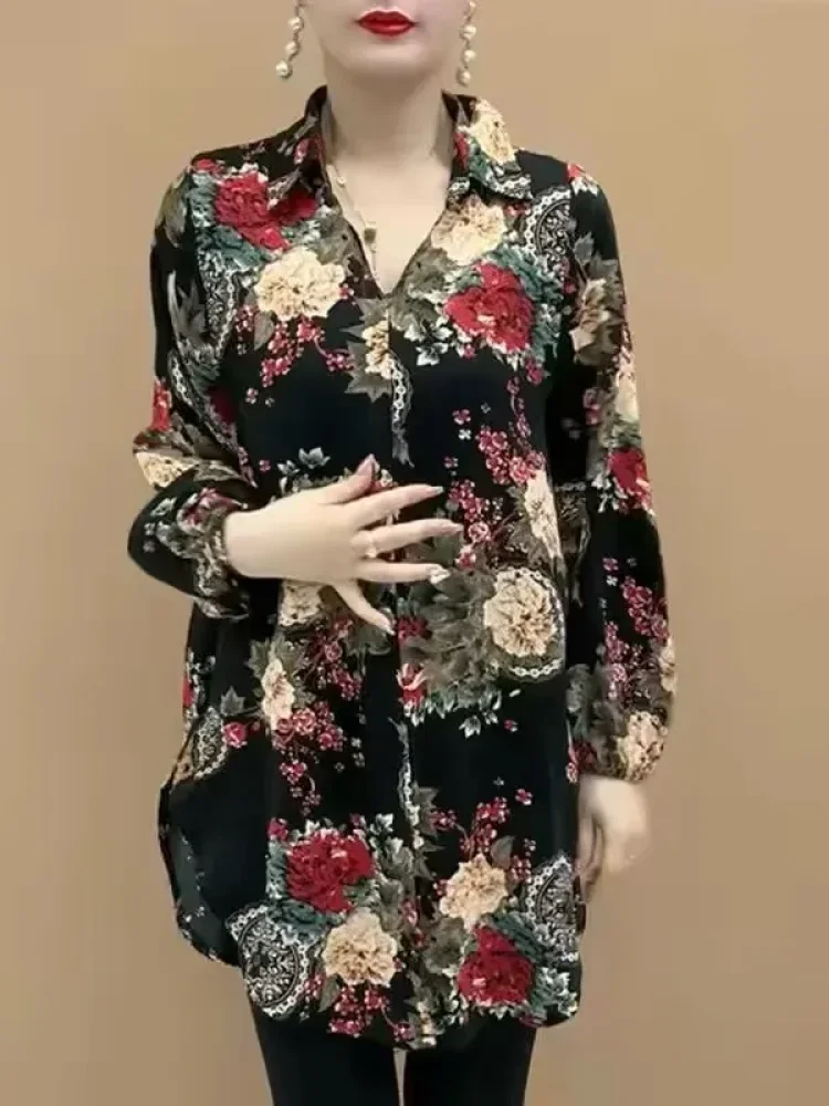 ASAYA Atasan kemeja kerah polo motif bunga cetak bergaya anggun