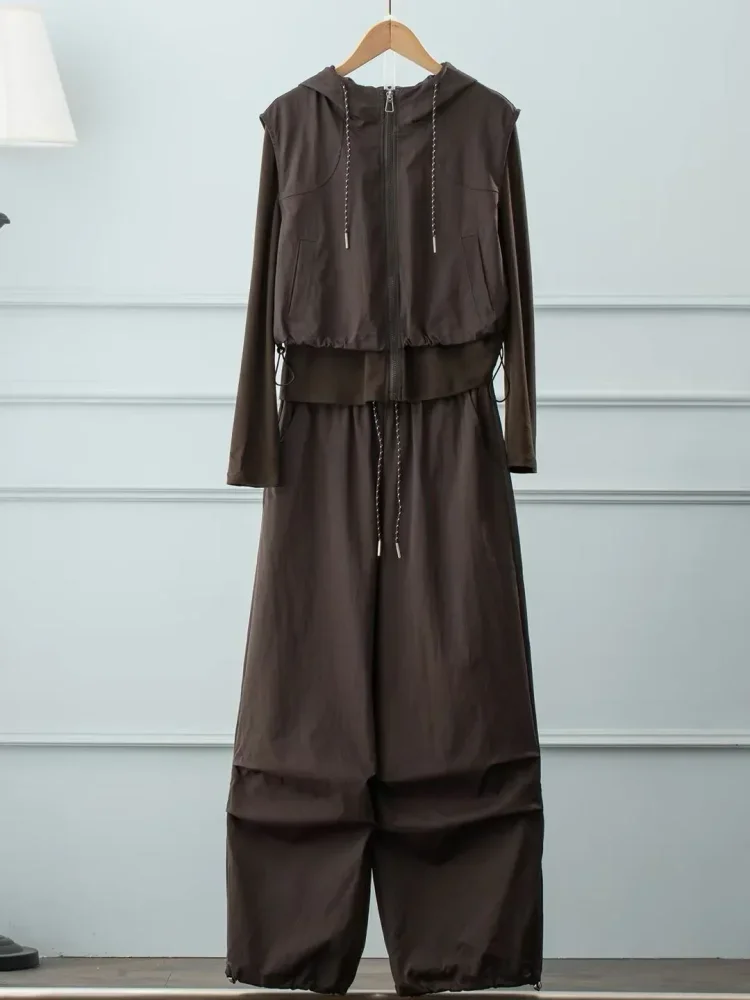 CHICMORE Setelan atasan wanita berkerah hooded zipper aktif dan celana panjang warna solid bergaya simple