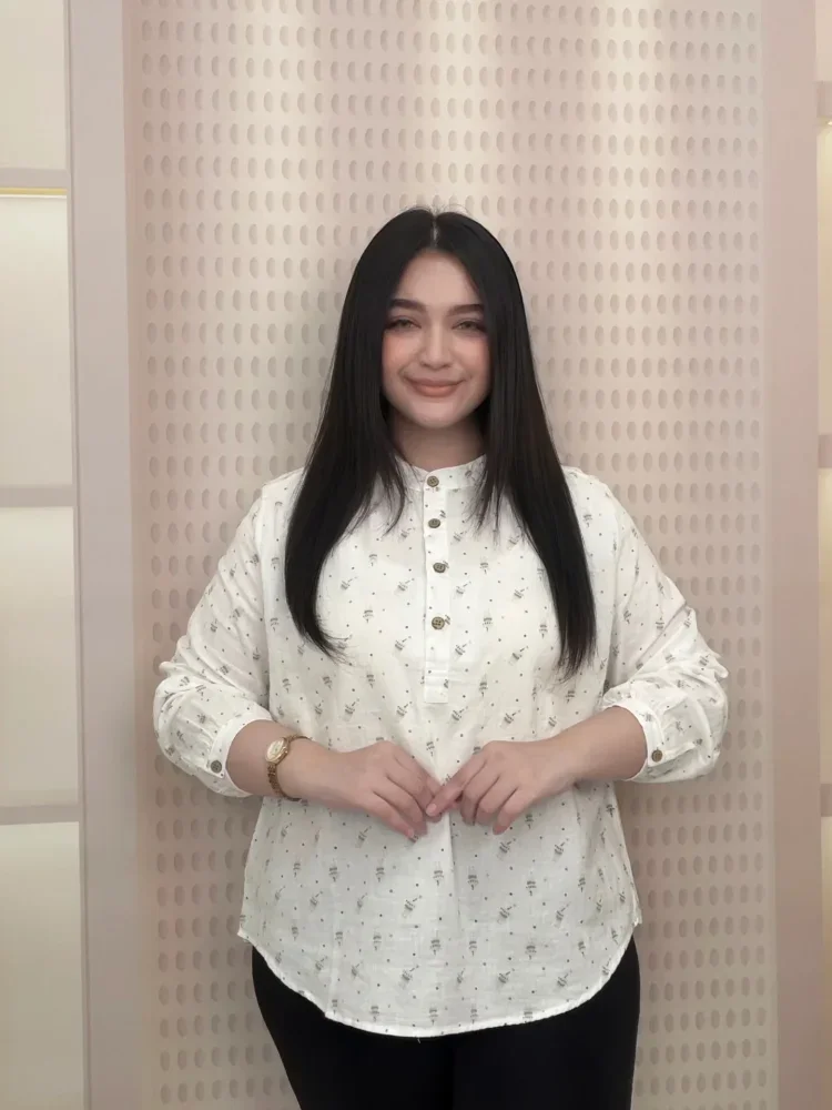 FADFAD Atasan kemeja bermotif lengan panjang kerah tegak dan kancing depan