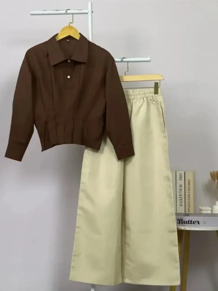 ASAYA Kemeja lengan panjang wanita, model sederhana, dengan desain lipit mewah dipadukan dengan celana panjang polos dalam satu set