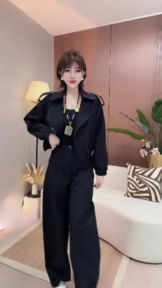 CHICMORE Setelan dua potong atasan blazer crop dan celana panjang bergaya kasual