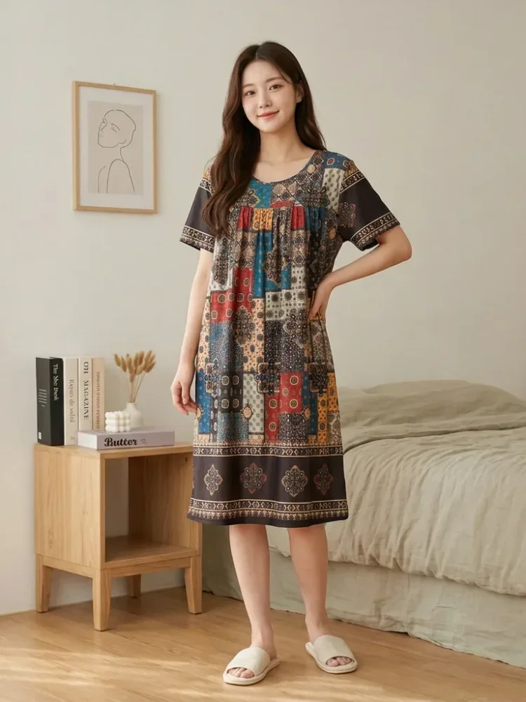 ASAYA Gaun midi daster lengan pendek dengan kerah bulat motif cetak retro