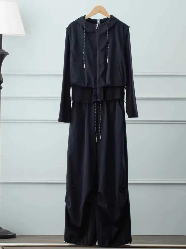 CHICMORE Setelan atasan wanita berkerah hooded zipper aktif dan celana panjang warna solid bergaya simple