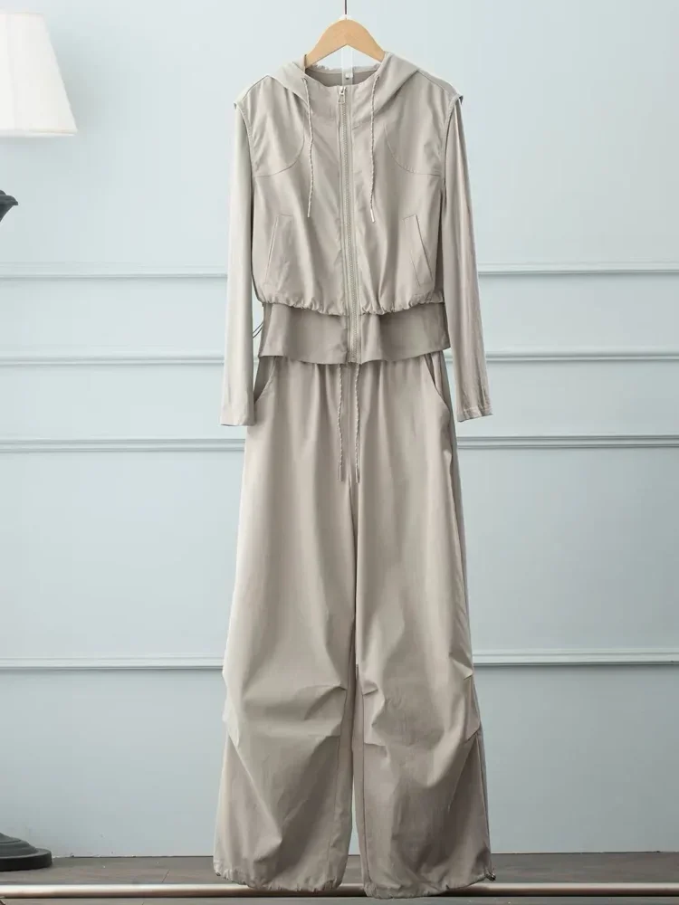 CHICMORE Setelan atasan wanita berkerah hooded zipper aktif dan celana panjang warna solid bergaya simple