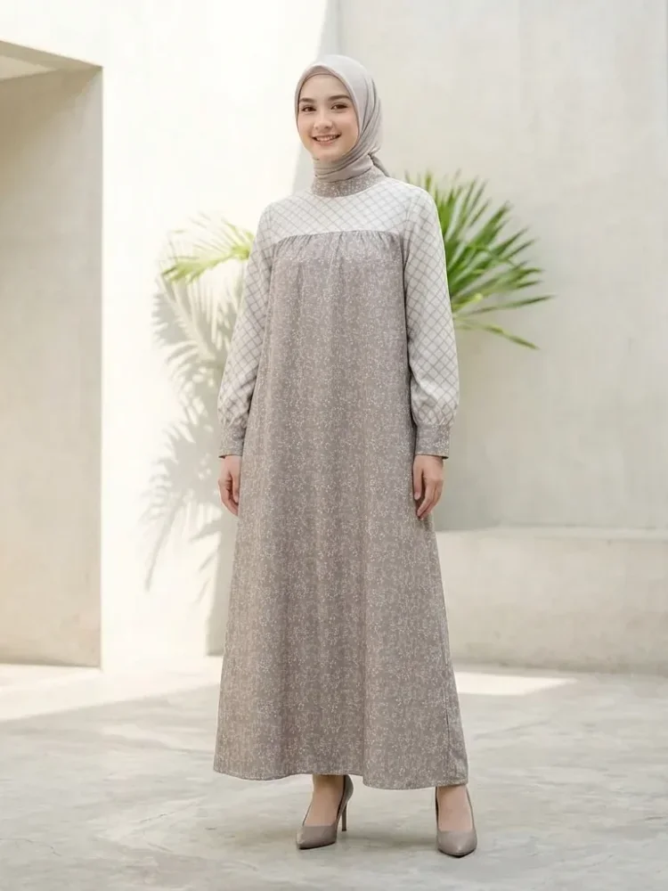 ASAYA Gaun elegan dengan motif posisi mode lengan panjang