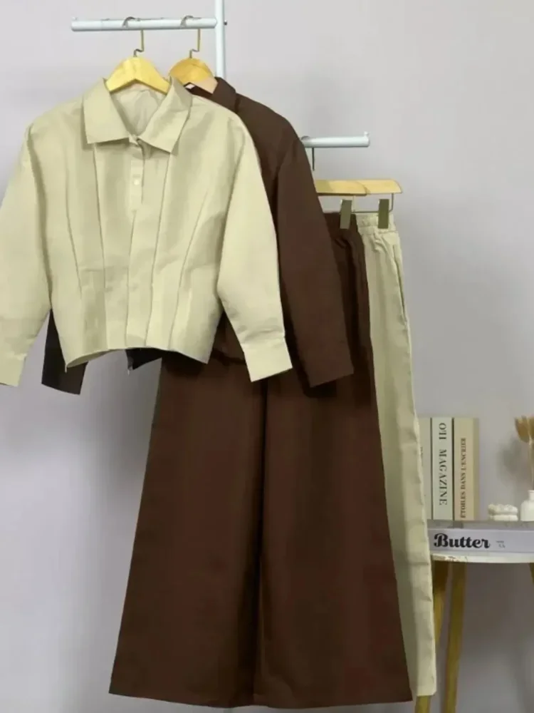 ASAYA Kemeja lengan panjang wanita, model sederhana, dengan desain lipit mewah dipadukan dengan celana panjang polos dalam satu set