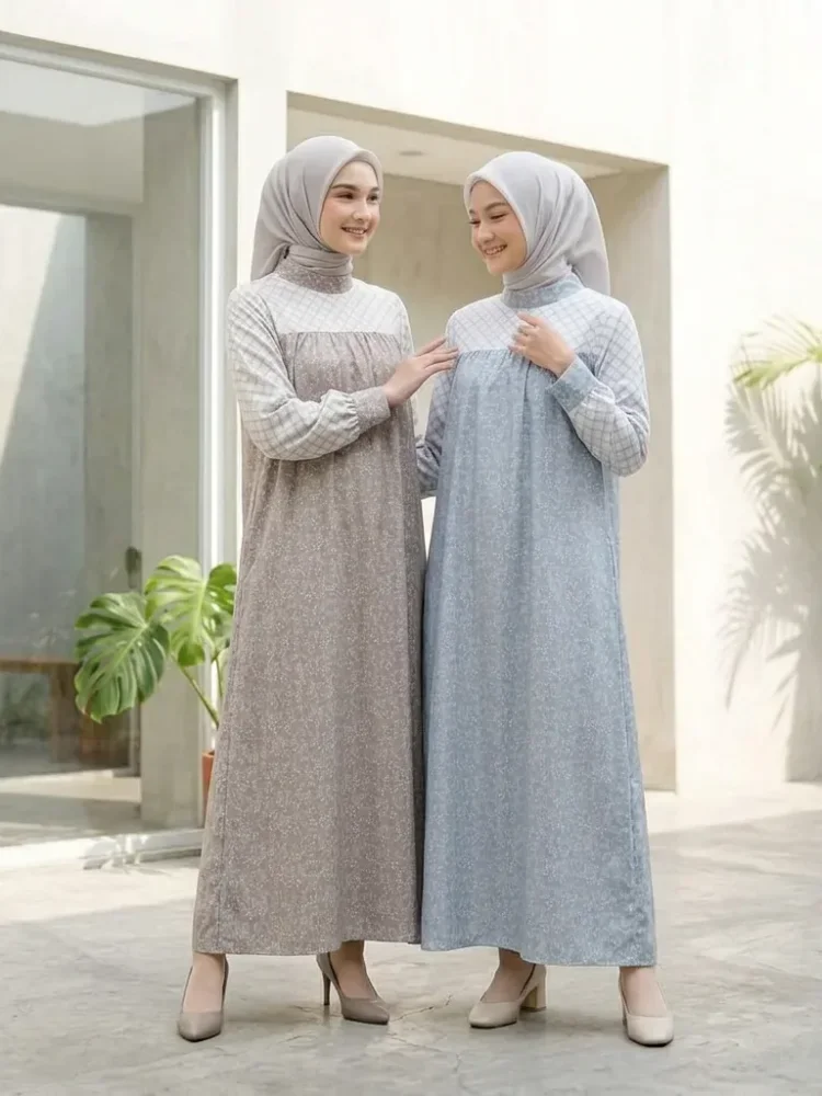 ASAYA Gaun elegan dengan motif posisi mode lengan panjang