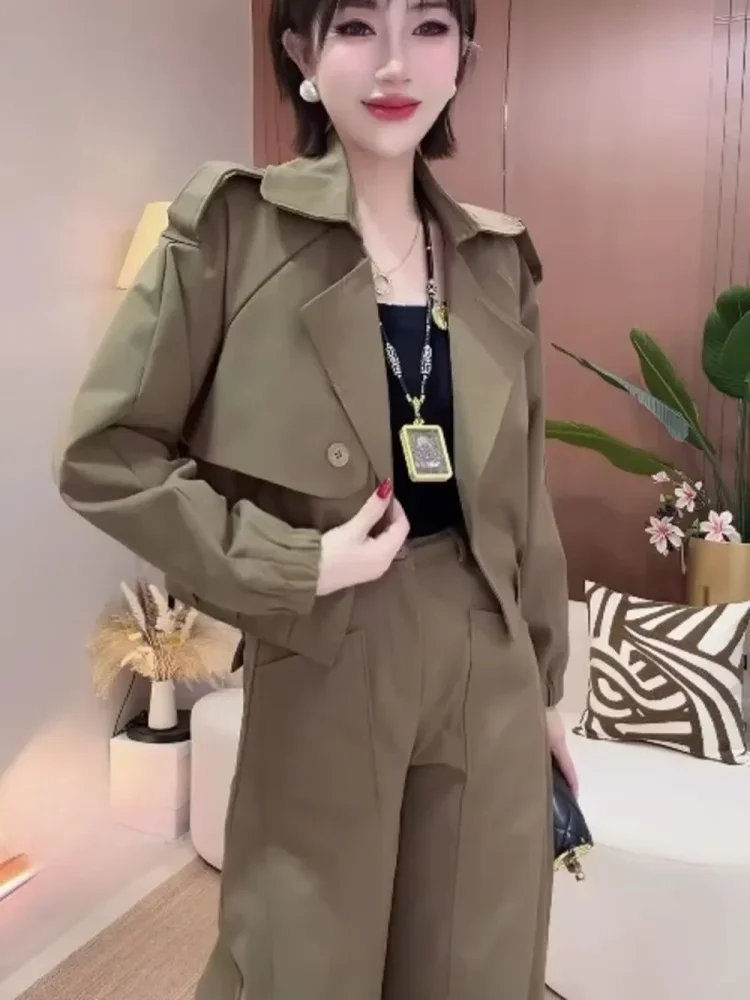 CHICMORE Setelan dua potong atasan blazer crop dan celana panjang bergaya kasual