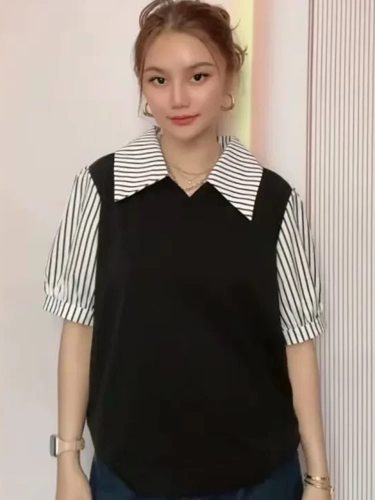ASAYA Atasan lengan pendek kerah polo neck motif polos dengan garis garis kekinian untuk wanita