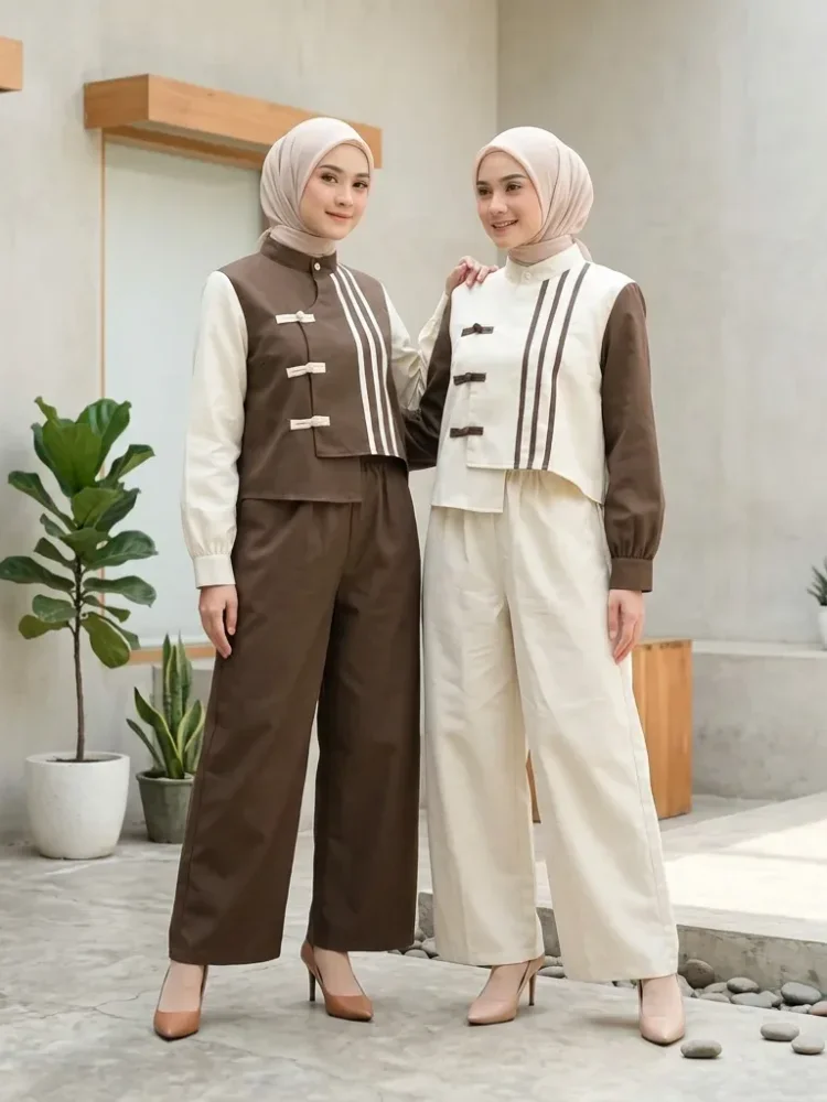 ASAYA Kemeja lengan panjang dengan desain tali kontras, kancing di pergelangan tangan, dipadukan dengan celana longgar polos
