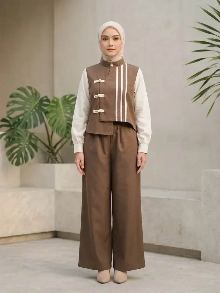 ASAYA Kemeja lengan panjang dengan desain tali kontras, kancing di pergelangan tangan, dipadukan dengan celana longgar polos